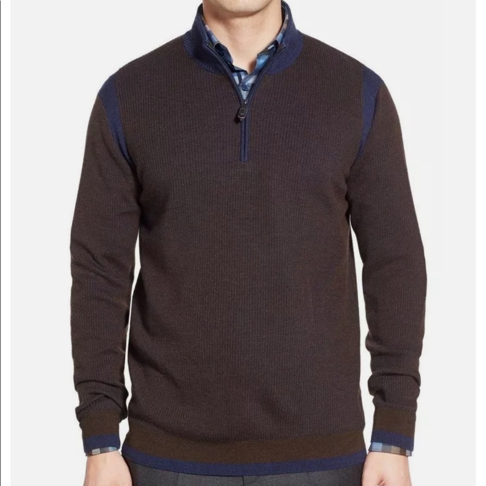 NWT ROBERT GRAHAM Whalen Quarter Zip Sweater Brown Navy S